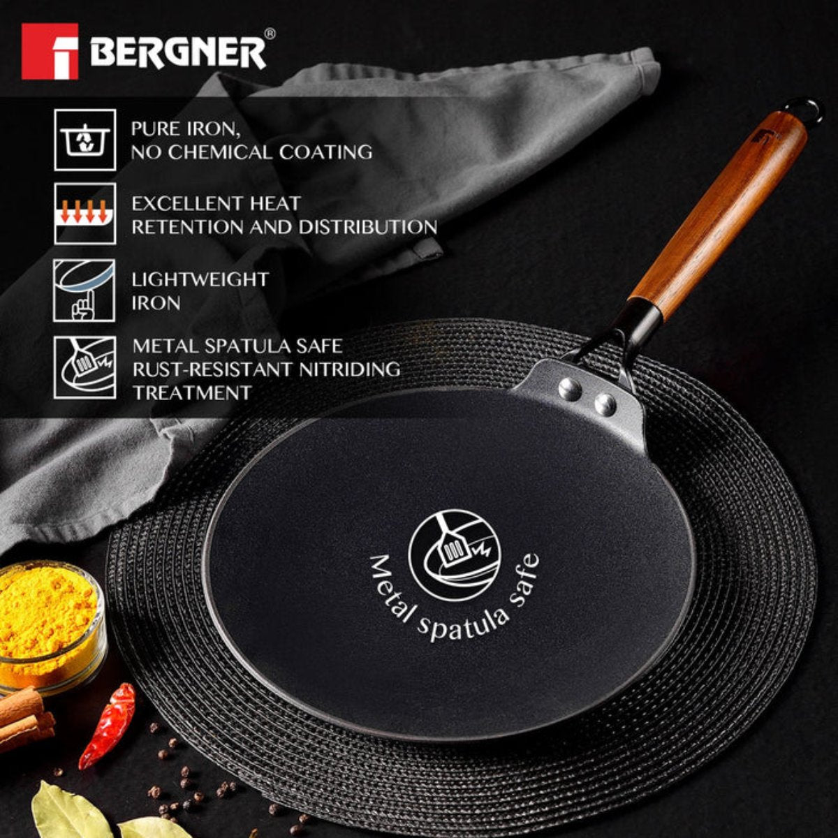 Bergner Odin 22 cm Cast Iron Roti Tawa w/h Wooden Handle (Induction Base)