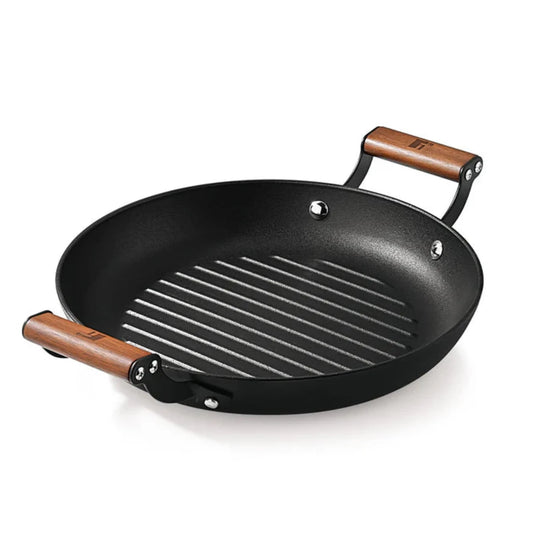 Bergner Odin 28 cm Cast Iron Round Grill Plate with Wooden Coated Handle (Induction Base)