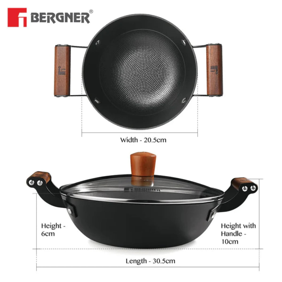 Bergner Odin 20 cm Cast Iron Kadai with Glass Lid, 1.4L Capacity Enamel Finish (Induction Base)