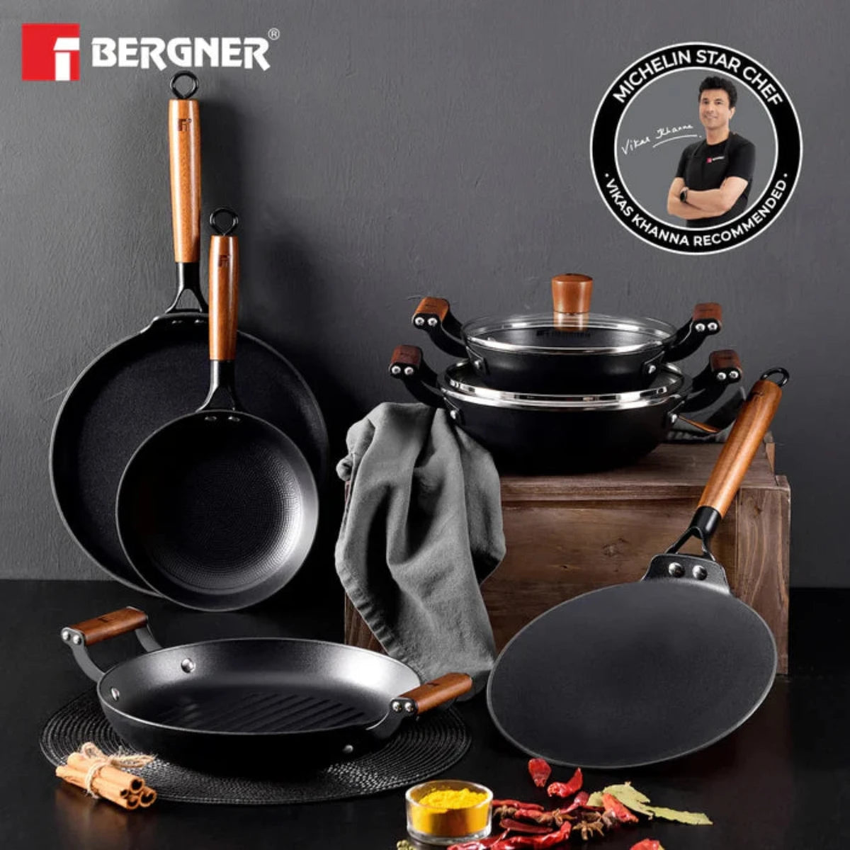 Bergner Odin 20 cm Cast Iron Kadai with Glass Lid, 1.4L Capacity Enamel Finish (Induction Base)