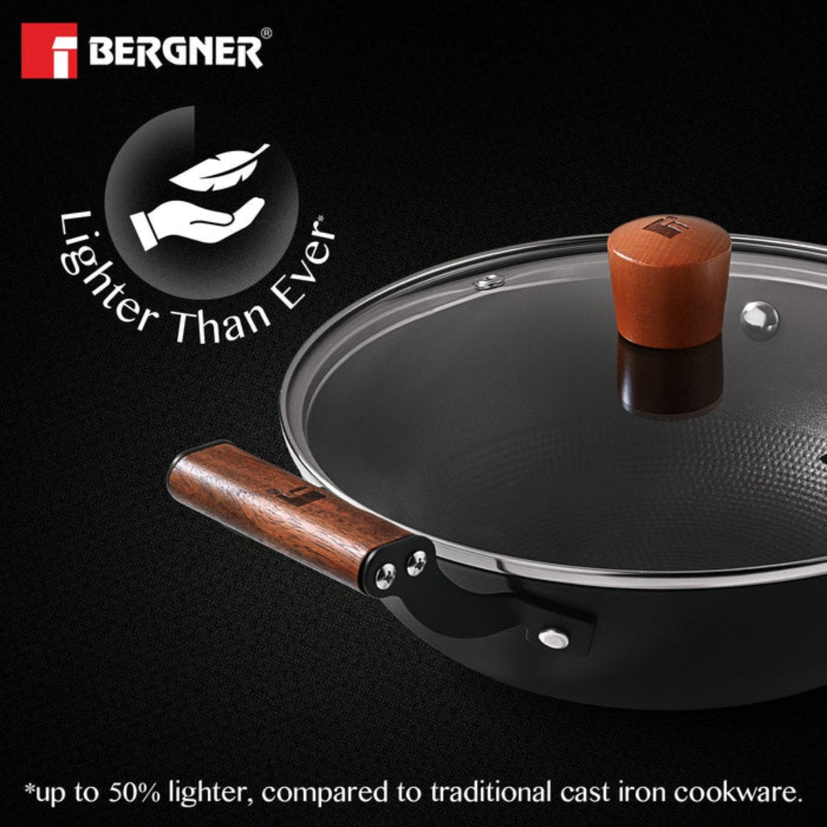 Bergner Odin 20 cm Cast Iron Kadai with Glass Lid, 1.4L Capacity Enamel Finish (Induction Base)