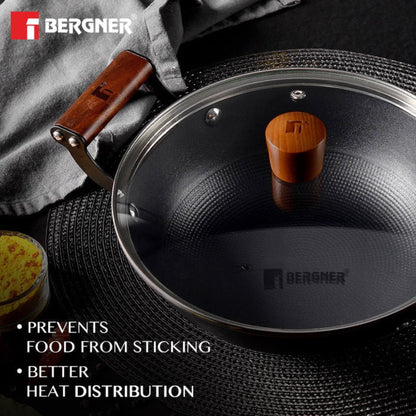 Bergner Odin 20 cm Cast Iron Kadai with Glass Lid, 1.4L Capacity Enamel Finish (Induction Base)