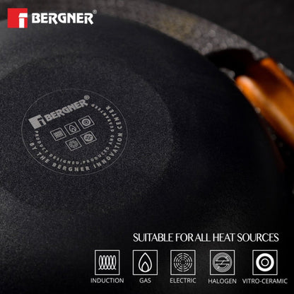 Bergner Odin 20 cm Cast Iron Kadai with Glass Lid, 1.4L Capacity Enamel Finish (Induction Base)