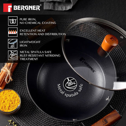 Bergner Odin 20 cm Cast Iron Kadai with Glass Lid, 1.4L Capacity Enamel Finish (Induction Base)