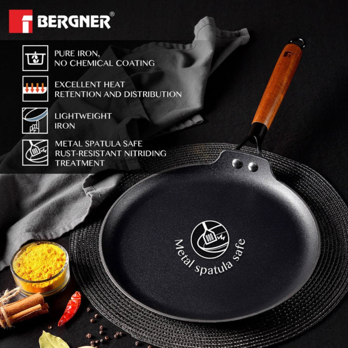 Bergner Odin 28 cm Cast Iron Dosa Tawa with Wooden Handle (Induction Base)