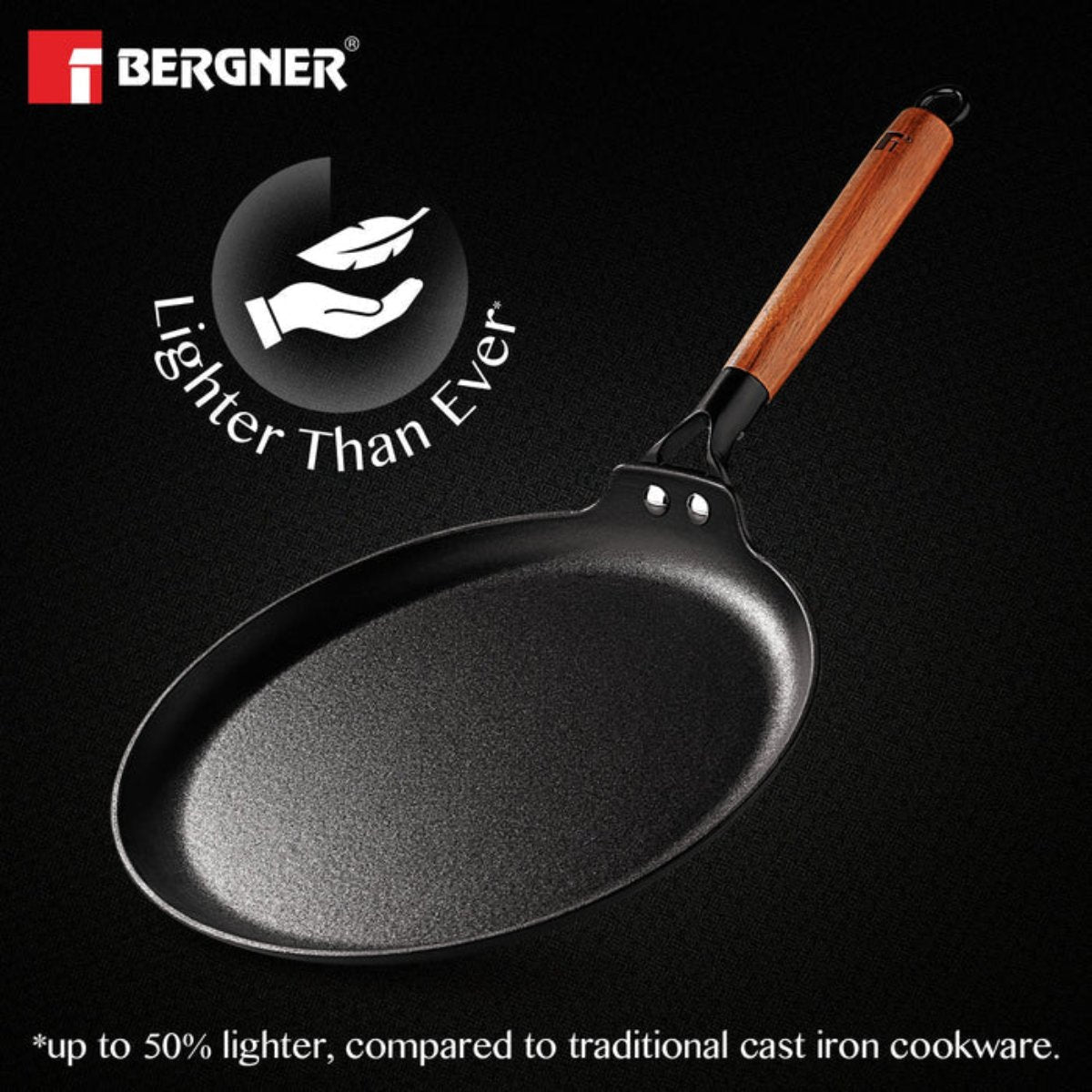 Bergner Odin 28 cm Cast Iron Dosa Tawa with Wooden Handle (Induction Base)