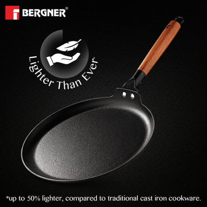 Bergner Odin 28 cm Cast Iron Dosa Tawa with Wooden Handle (Induction Base)