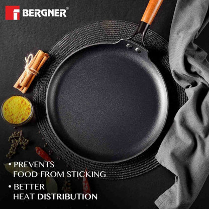 Bergner Odin 28 cm Cast Iron Dosa Tawa with Wooden Handle (Induction Base)