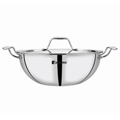 Bergner Argent Tri-Ply Stainless Steel Deep Kadhai with SS Lid