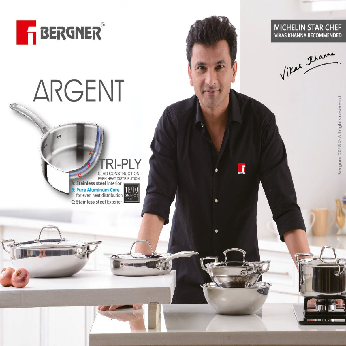 Bergner Argent Tri-Ply Stainless Steel Deep Kadhai with SS Lid