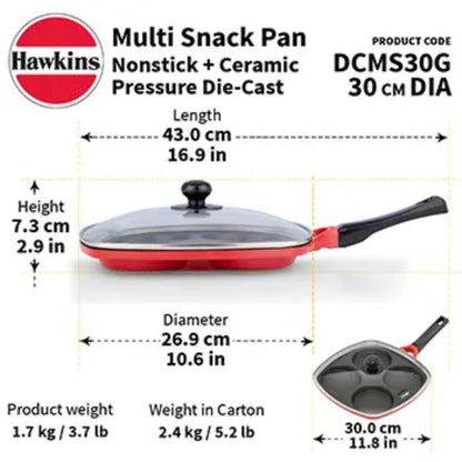 Hawkins 30 cm Die-Cast Multi Snack Pan with Glass Lid (DCMS30G)| Red & Black