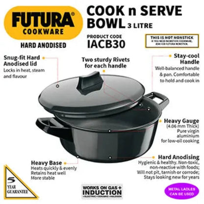 Futura Hard Anodised 3 Ltr Cook n Serve Bowl Induction Base by Hawkins(IACB30)