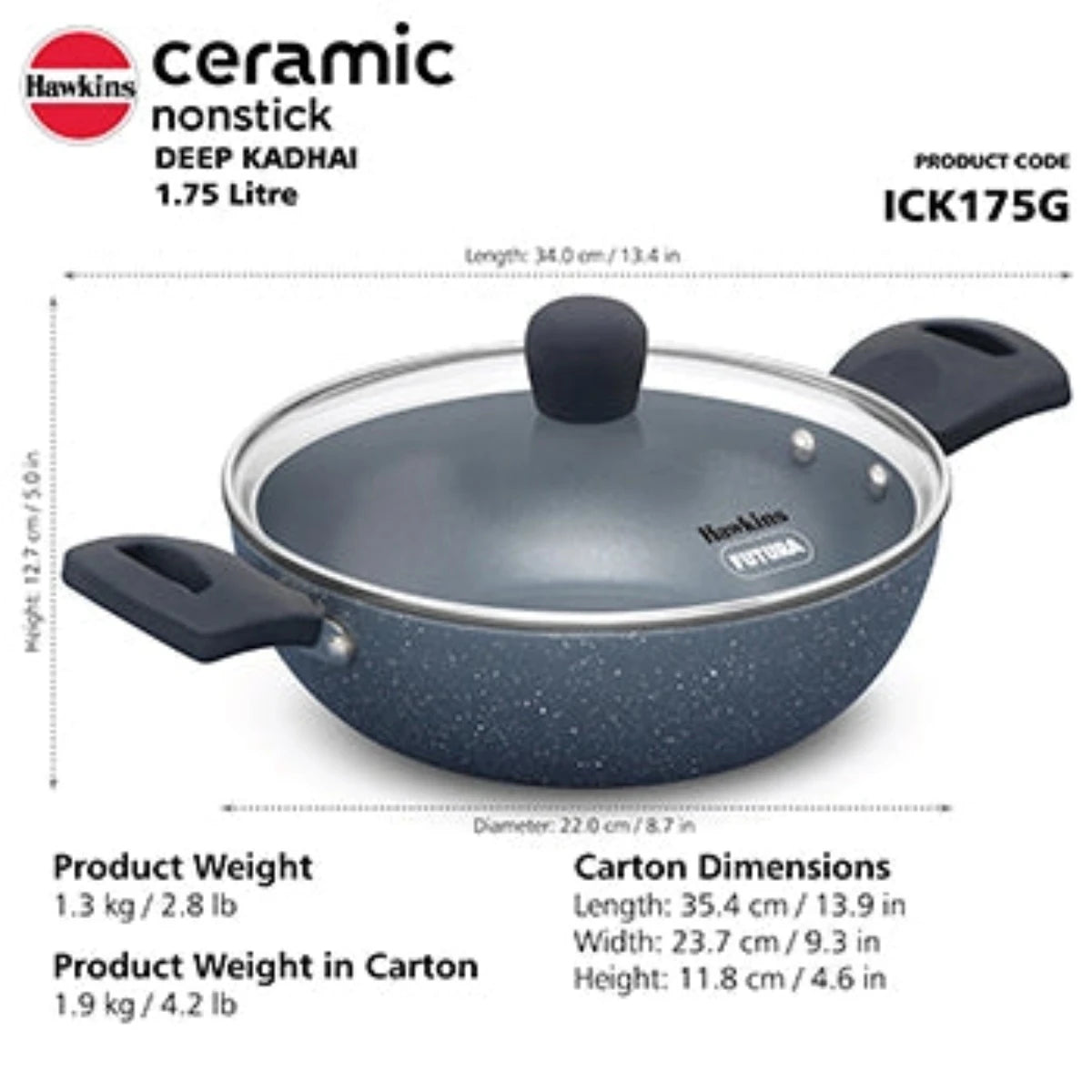 Hawkins Ceramic Nonstick Deep Kadhai with Glass Lid | Induction Compatible