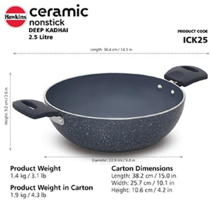 Hawkins Ceramic Nonstick Deep Kadhai with Glass Lid | Induction Compatible