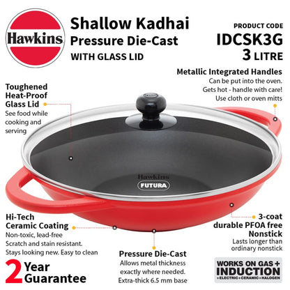 Hawkins Die Cast Non Stick 3 Ltr Shallow Kadhai/WokWith Glass Lid (IDCSK3G)