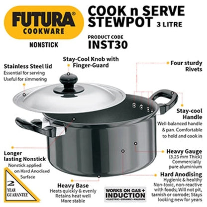 Futura Nonstick Cook n Serve Stewpot 3 L With SS Lid Induction Friendly INST30