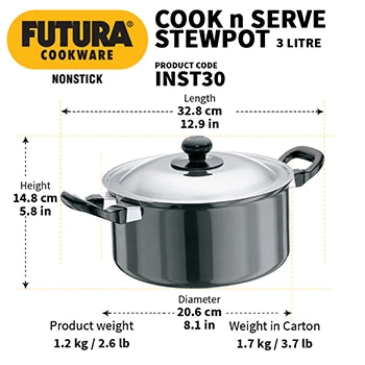 Futura Nonstick Cook n Serve Stewpot 3 L With SS Lid Induction Friendly INST30