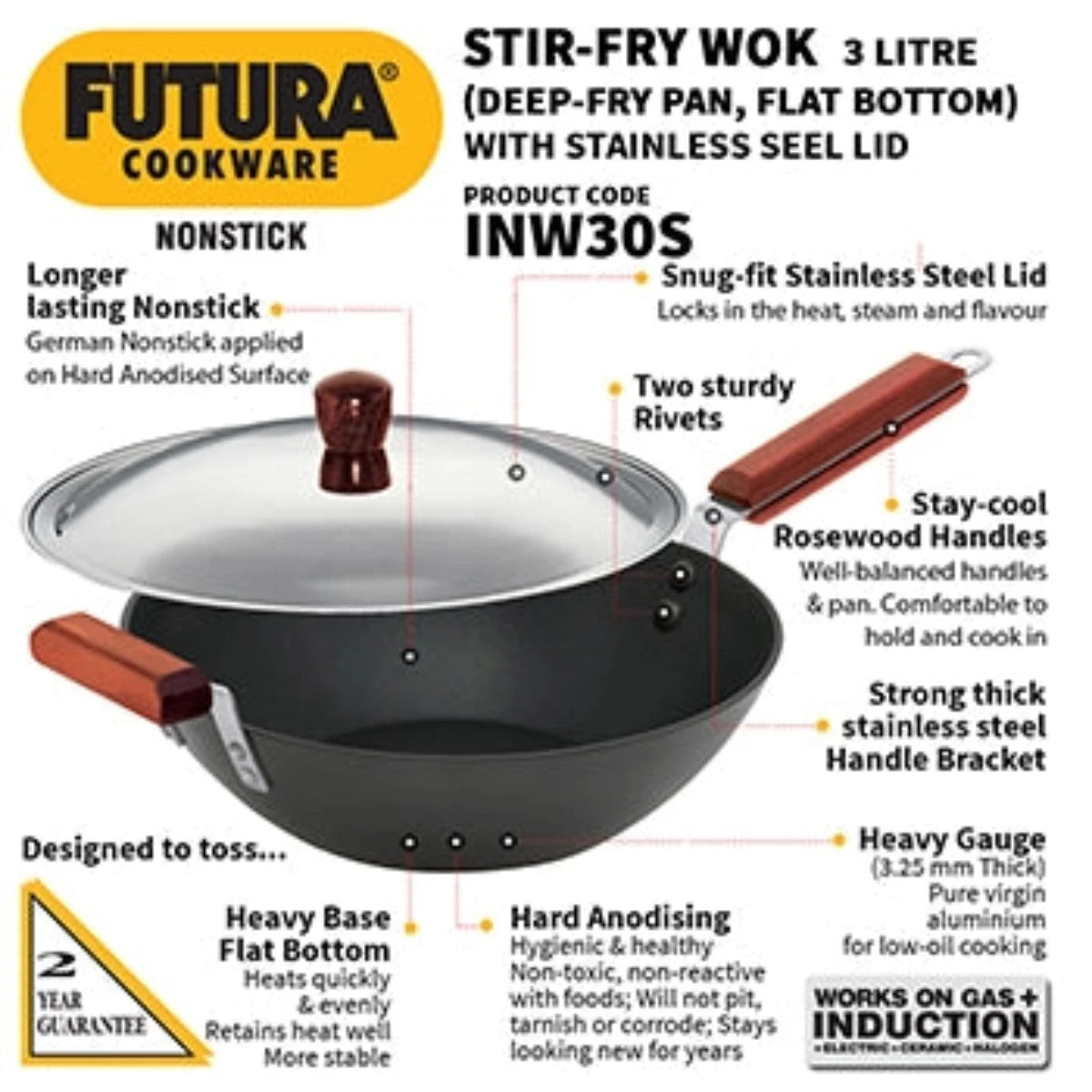 Futura Nonstick 3 L Induction Friendly Stir-Fry Wok By Hawkins