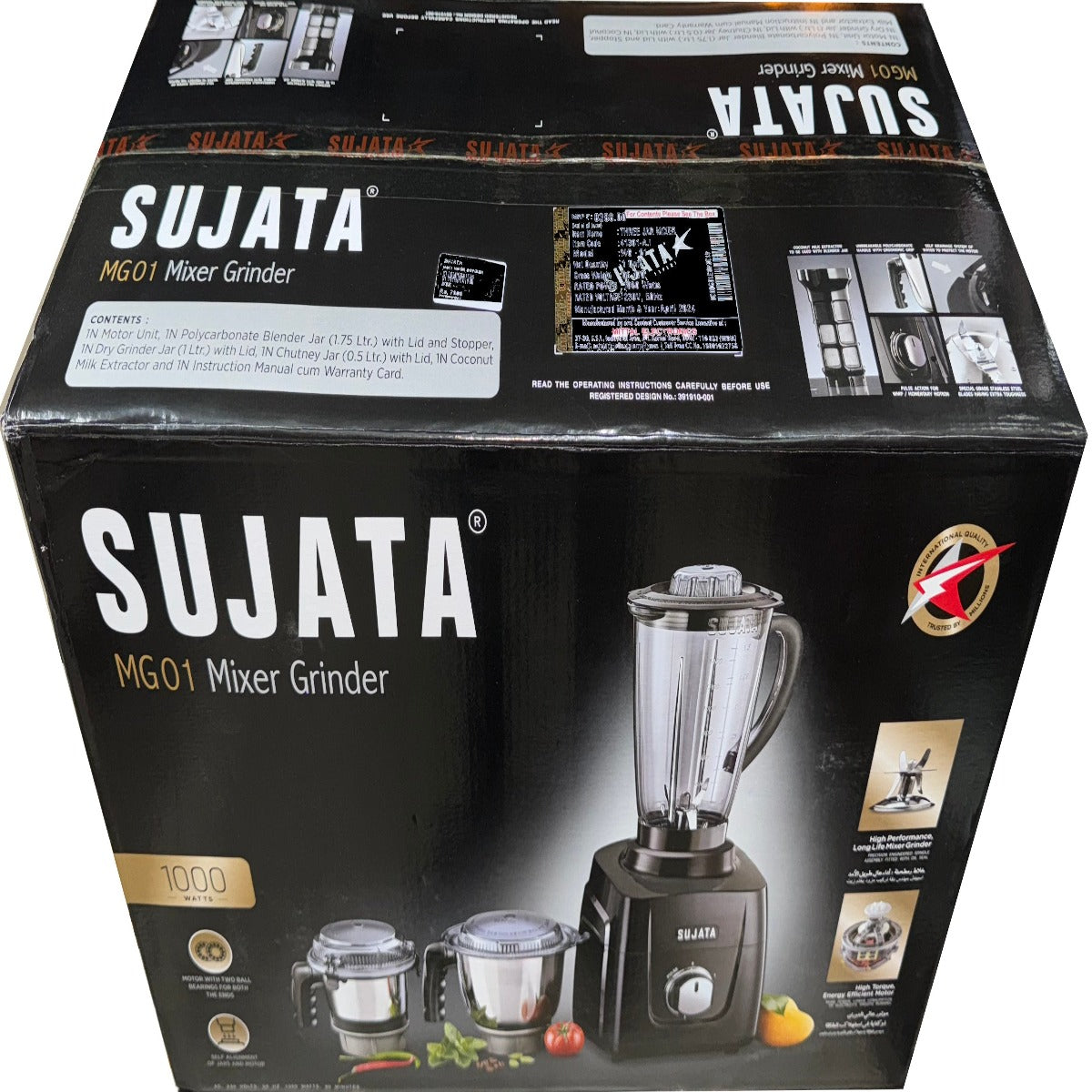 Sujata MG01 Mixer Grinder, 1000W, 3 Jars (Black)