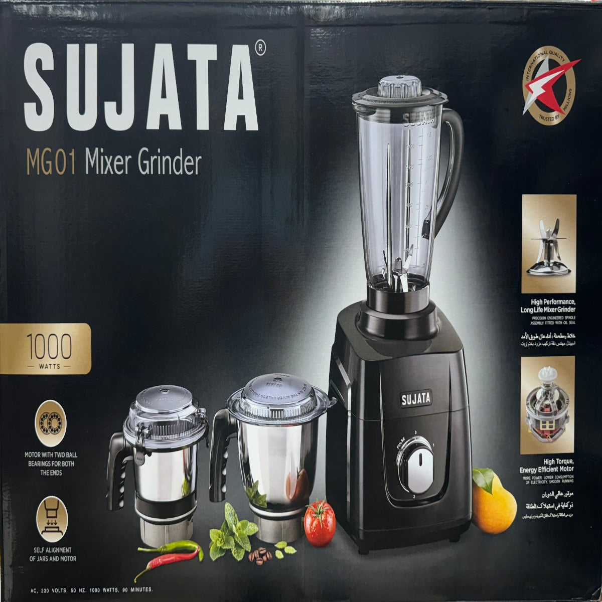 Sujata MG01 Mixer Grinder, 1000W, 3 Jars (Black)