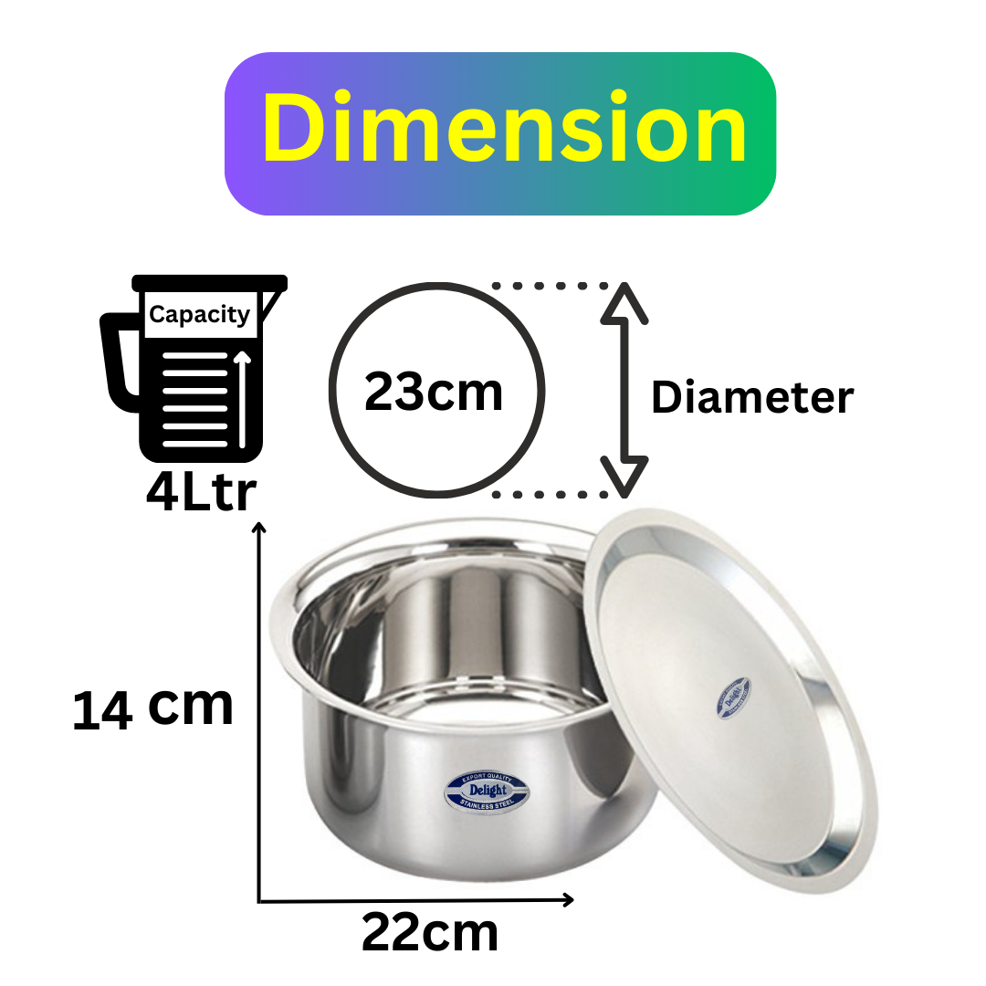 Delight Stainless Steel Tope/Patila/Topiya/Tapeli with Lid - Diameter 23cm,Capacity 4Ltr, Multipurpose,Induction and Gas Stove Friendly