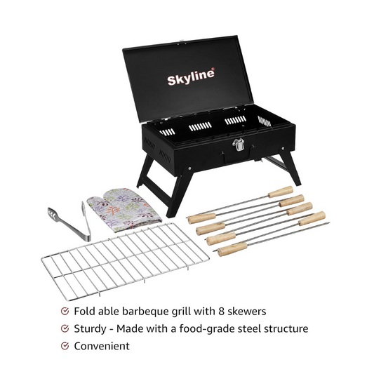 Skyline VTL-4800 BBQ Foldable Charcoal Barbeque Grill with 8 Skewers (Black)