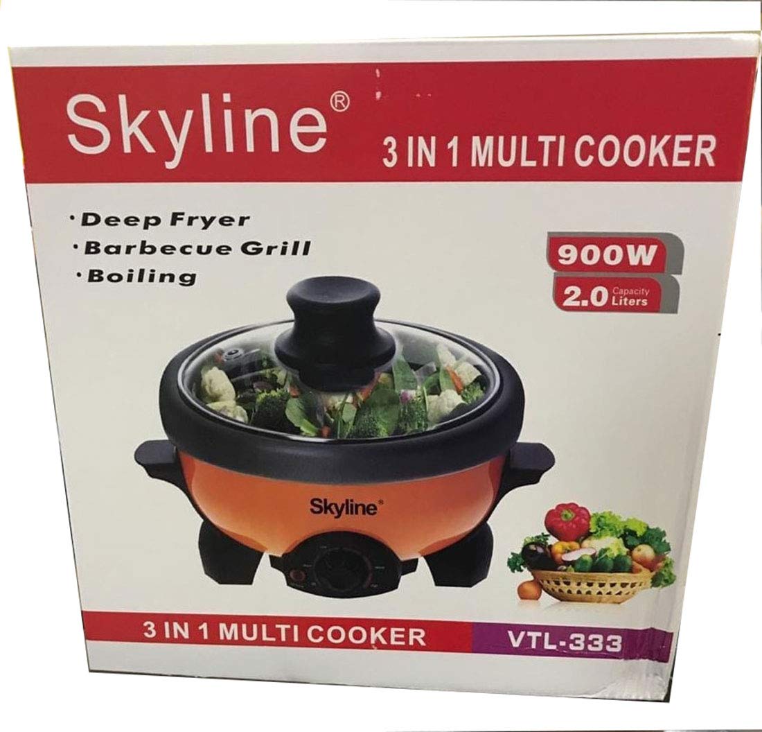 Skyline VTL-333 Electric Rice Cooker, Deep Fryer 2 Ltr 900 Watt 230V 3 in 1 Multi Cooker