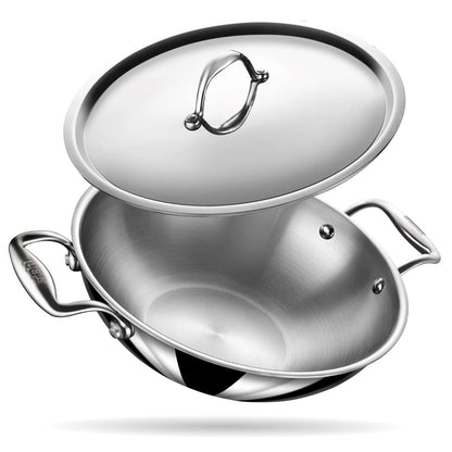 Stahl Triply Stainless Steel Artisan Wok (22 cm/2 L) With Lid, Induction Base