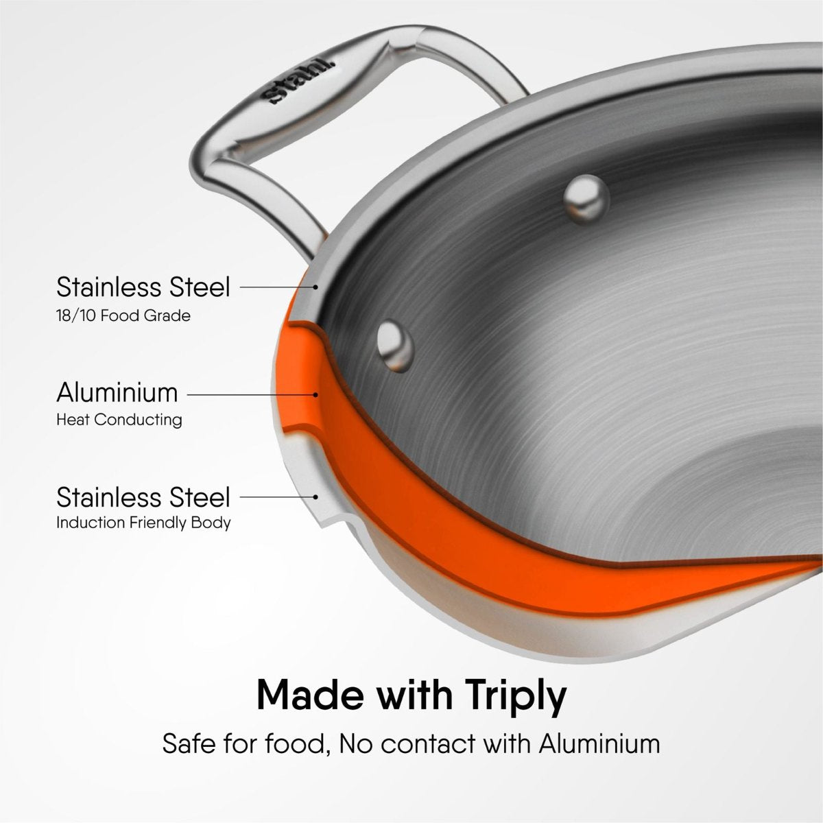 Stahl Triply Stainless Steel Artisan Wok (26 cm/3.3 L) With Lid, Induction Base