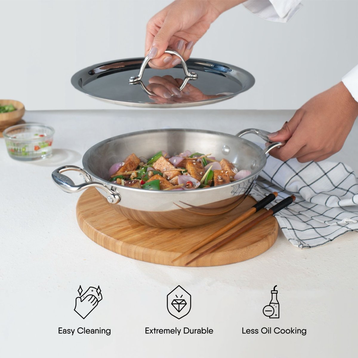 Stahl Triply Stainless Steel Artisan Wok (20 cm/1.6 L) with Lid Induction Base