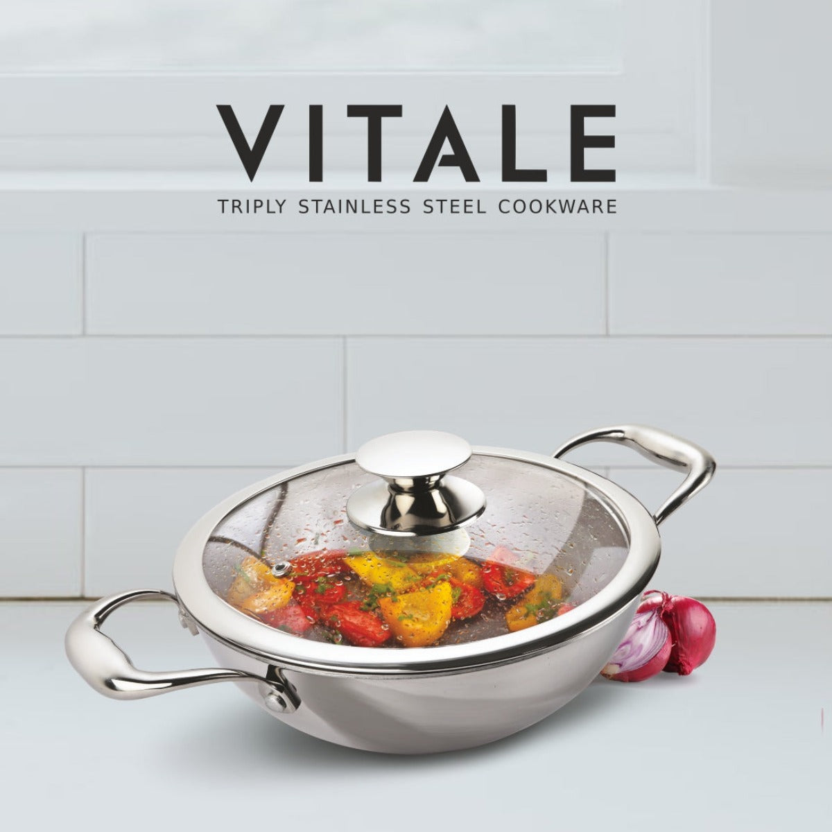 Alda Vitale Triply Stainless-Steel Deep Wok with Glass Lid