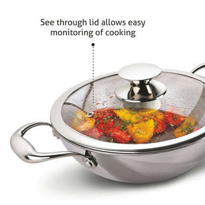 Alda Vitale Triply Stainless-Steel Deep Wok with Glass Lid