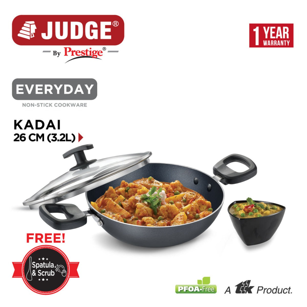 Judge Non Stick Kadhai with Glass Lid (26 cm) by Prestige