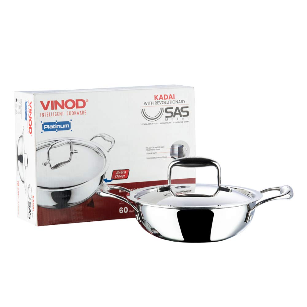 Vinod Platinum Extra Deep Wok 18 cm 1.1 Ltr With Lid Induction Friendly EDPTKD18