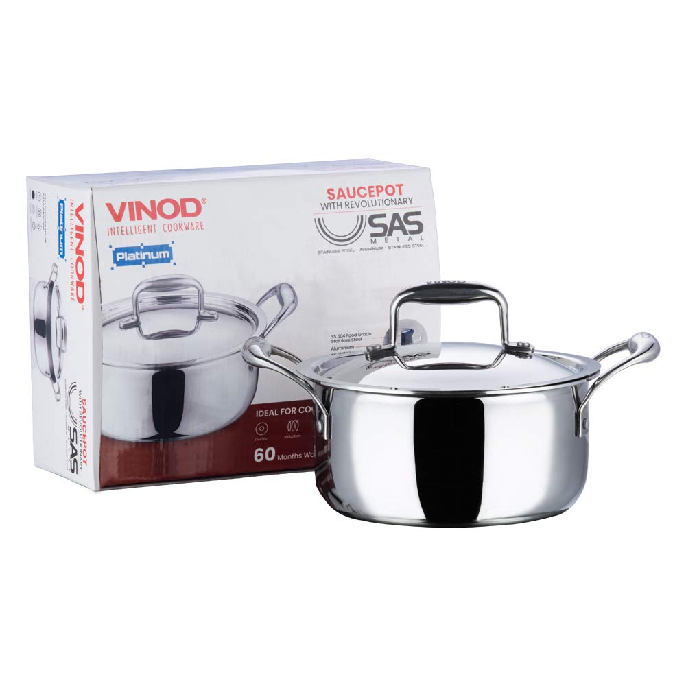 Vinod Platinum Triply Stainless Steel Saucepot 4 Liter 22 cm With Lid PSO22