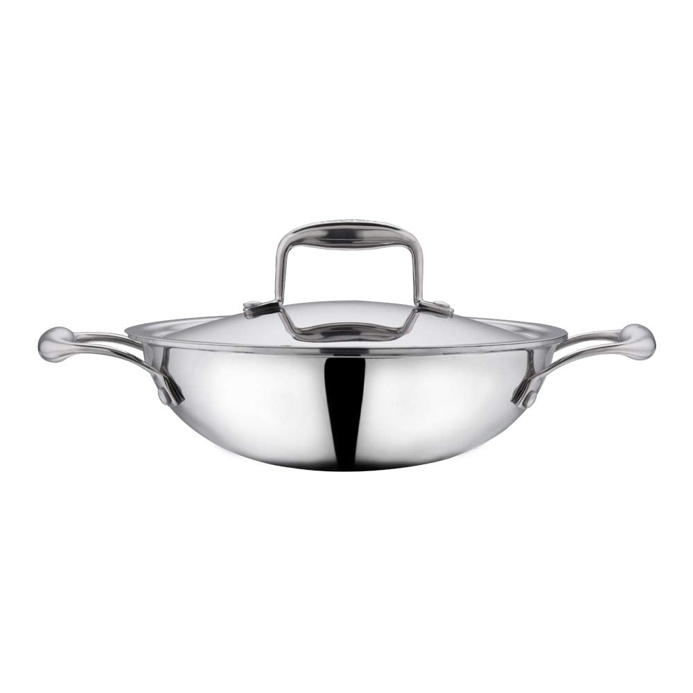 Vinod Platinum Triply Stainless Steel Kadai Wok 22 cm 1.8 Liter With Lid PTKD22