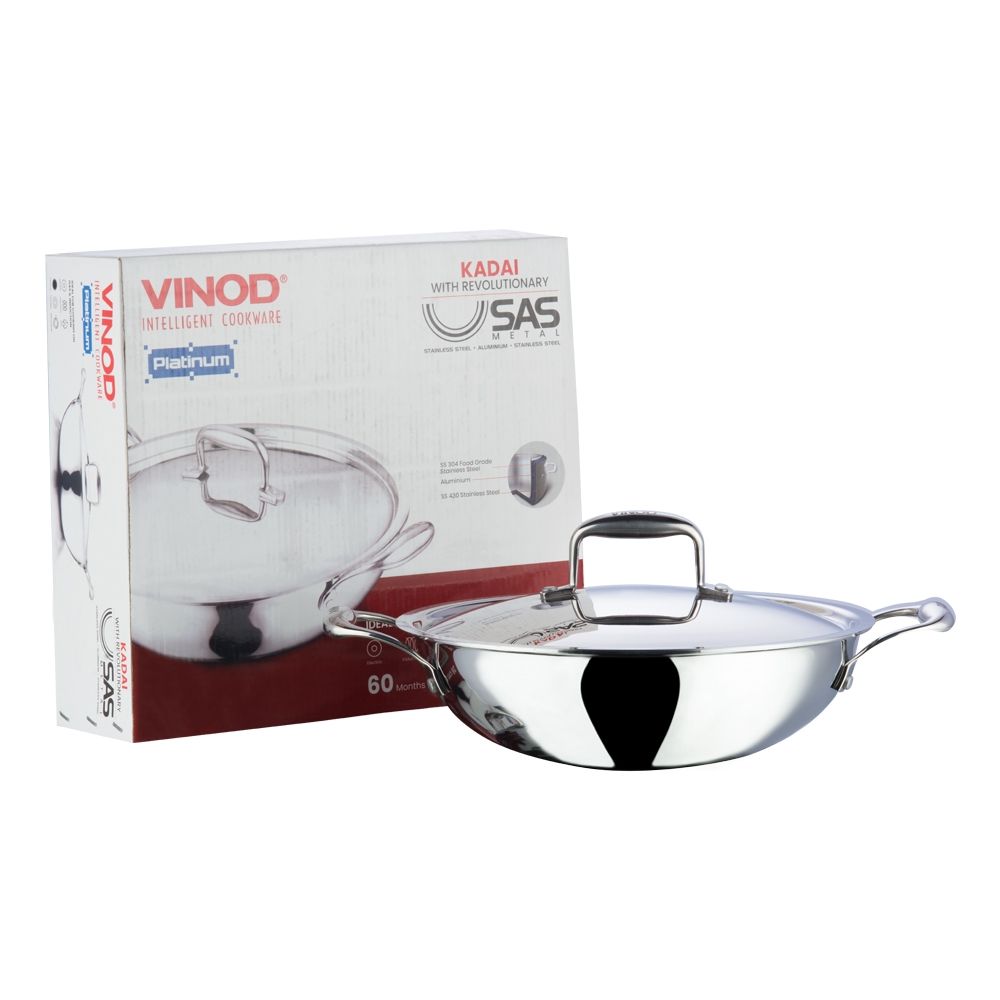 Vinod Platinum Triply Stainless Steel Kadai Wok 22 cm 1.8 Liter With Lid PTKD22