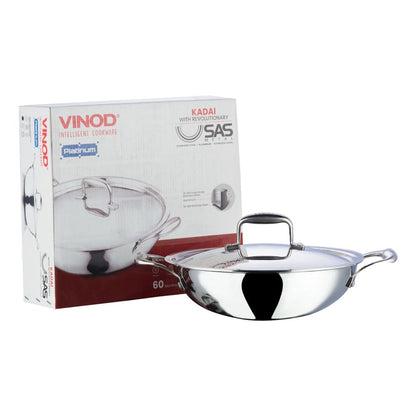 Vinod Platinum Triply Stainless Steel Kadai Wok 22 cm 1.8 Liter With Lid PTKD22