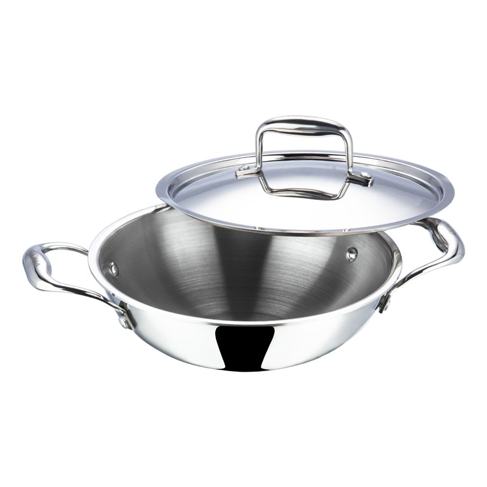 Vinod Platinum Triply Stainless Steel Kadai Wok 22 cm 1.8 Liter With Lid PTKD22