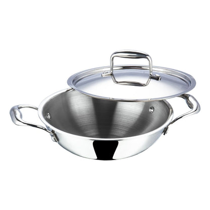 Vinod Platinum Triply Stainless Steel Kadai Wok 30 cm 4.5 Liter With Lid PTKD30