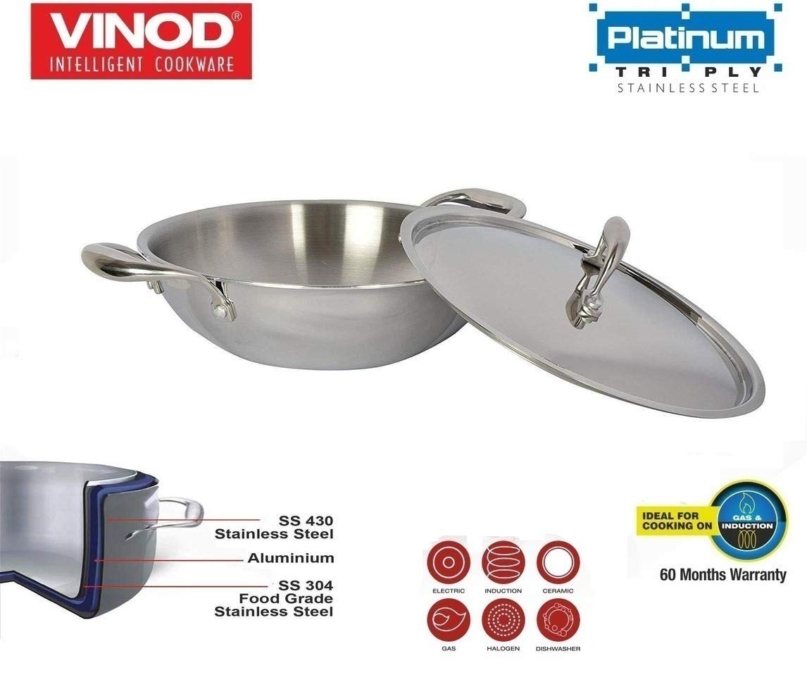 Vinod Platinum Triply Stainless Steel Kadai Wok 22 cm 1.8 Liter With Lid PTKD22