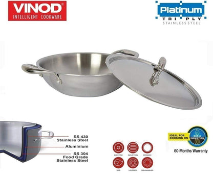 Vinod Platinum Triply Stainless Steel Kadai Wok 22 cm 1.8 Liter With Lid PTKD22