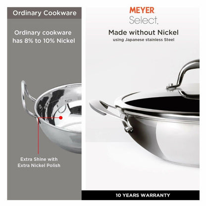 Meyer Select Stainless Steel Kadhai Wok (22 cm/1.91 L), Induction Compatible