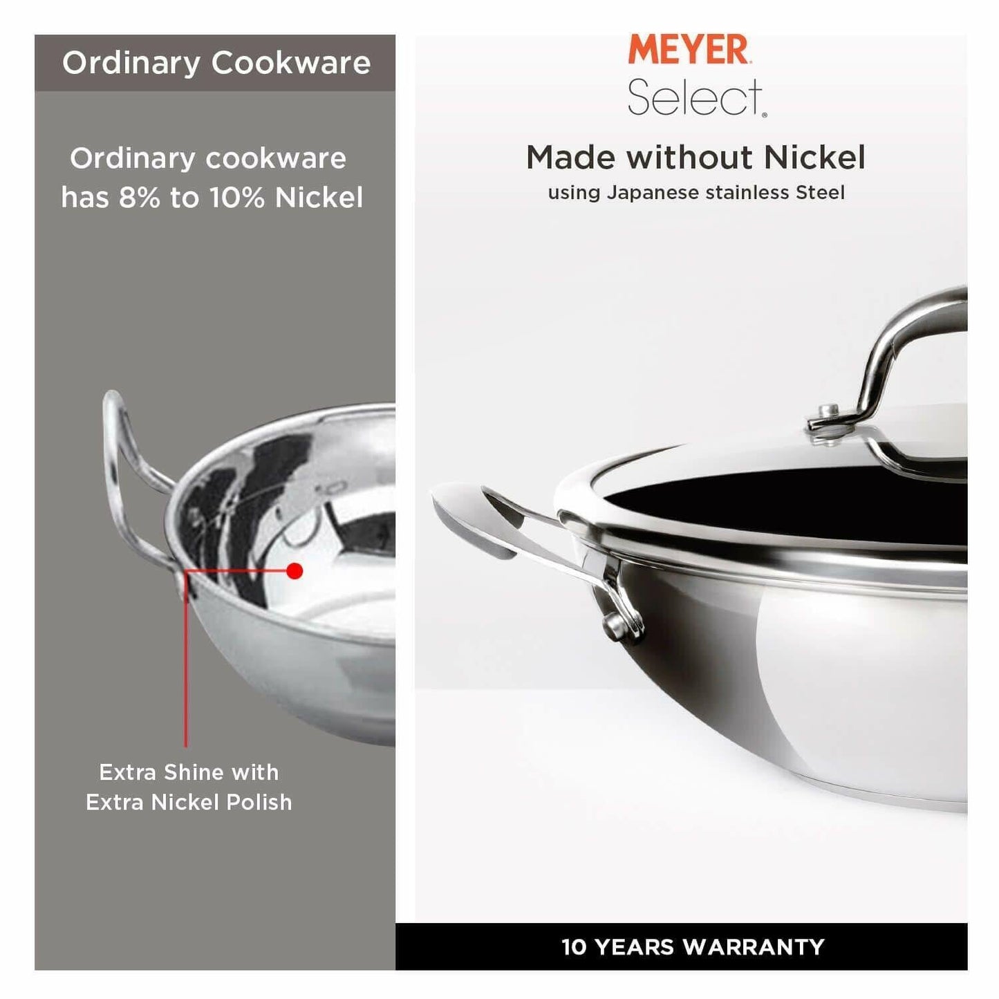 Meyer Select Stainless Steel Kadai Wok 26 cm 3.25 Ltr Induction & Gas Compatible