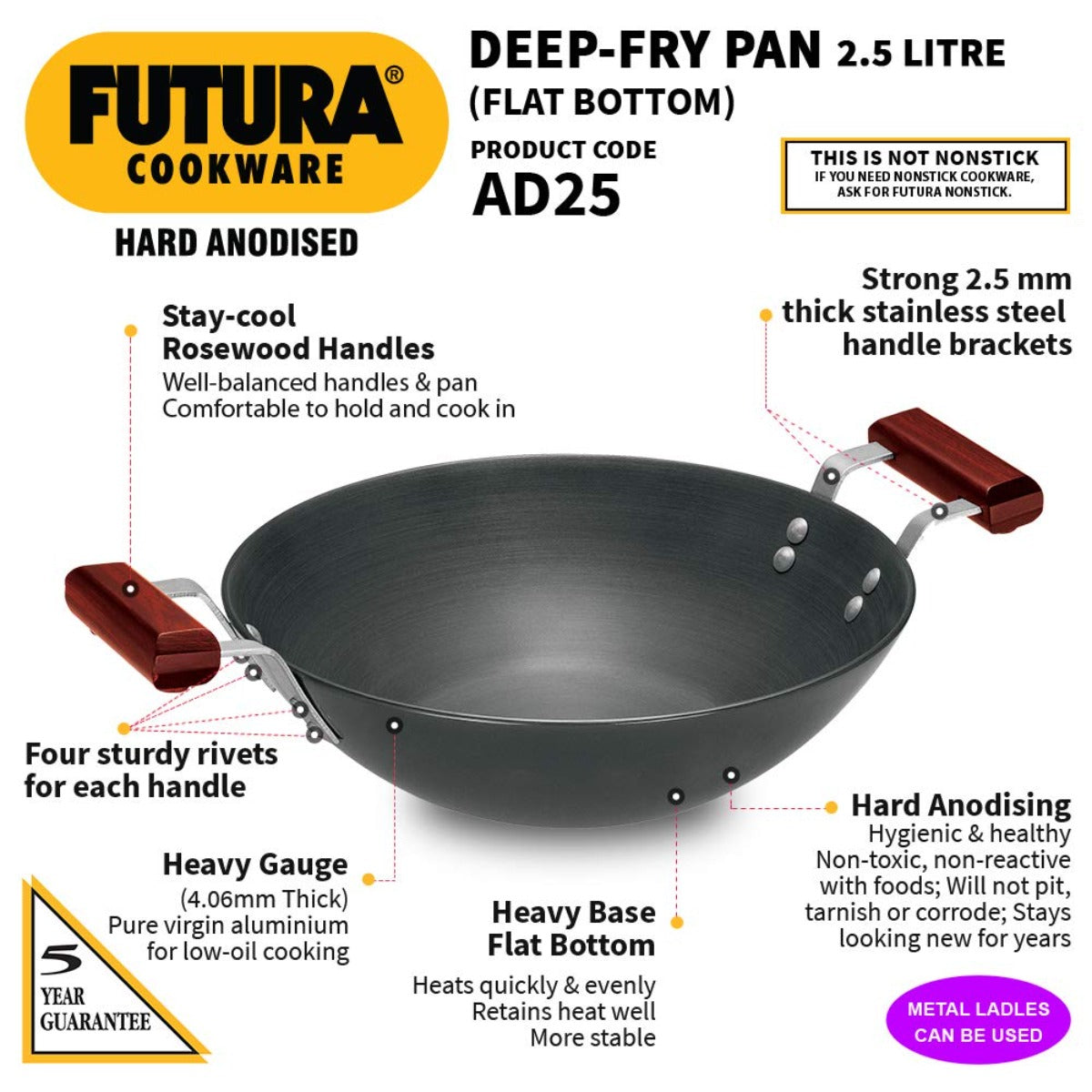 Futura Hard Anodised Deep Wok Pan Flat Bottom by Hawkins AD25