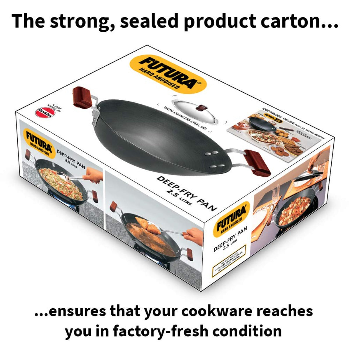 Futura Hard Anodised Deep Fry Pan Wok With Stainless Steel Lid by Hawkins Carton box