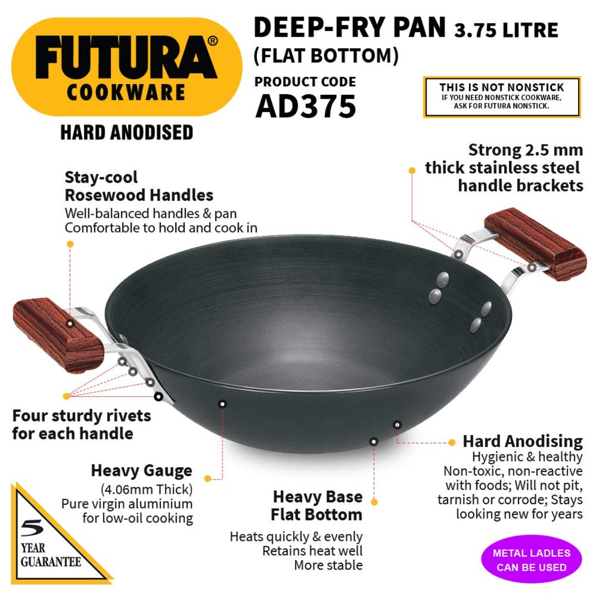 Futura Hard Anodised Deep Wok Pan Flat Bottom by Hawkins AD375