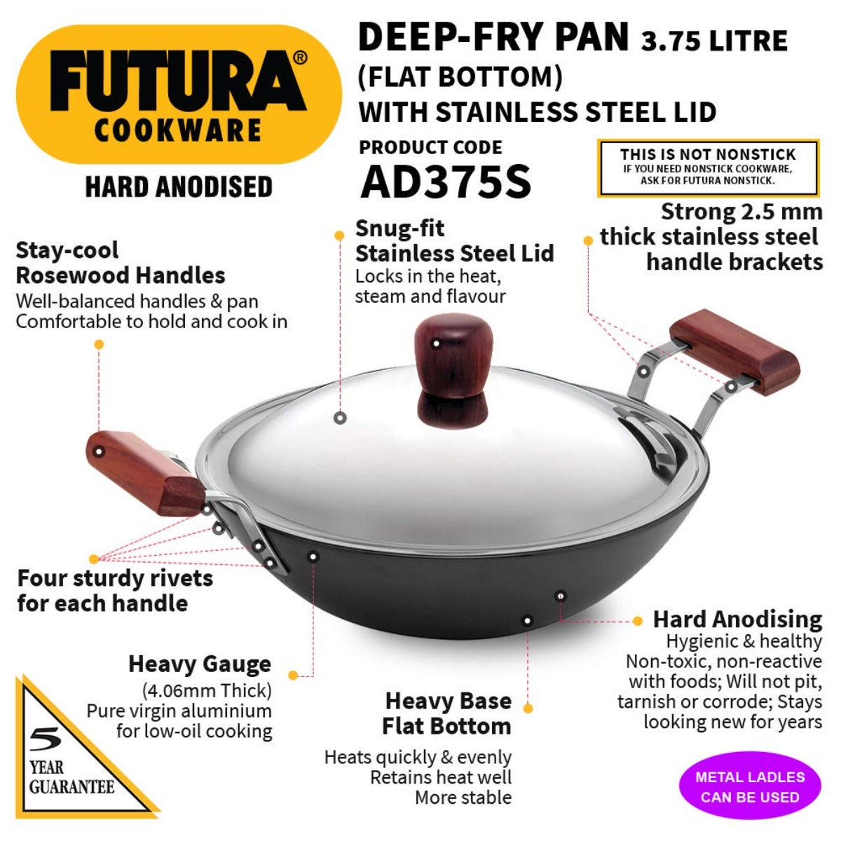 Futura Hard Anodised Deep Fry Pan Wok With Stainless Steel Lid by Hawkins AD375S