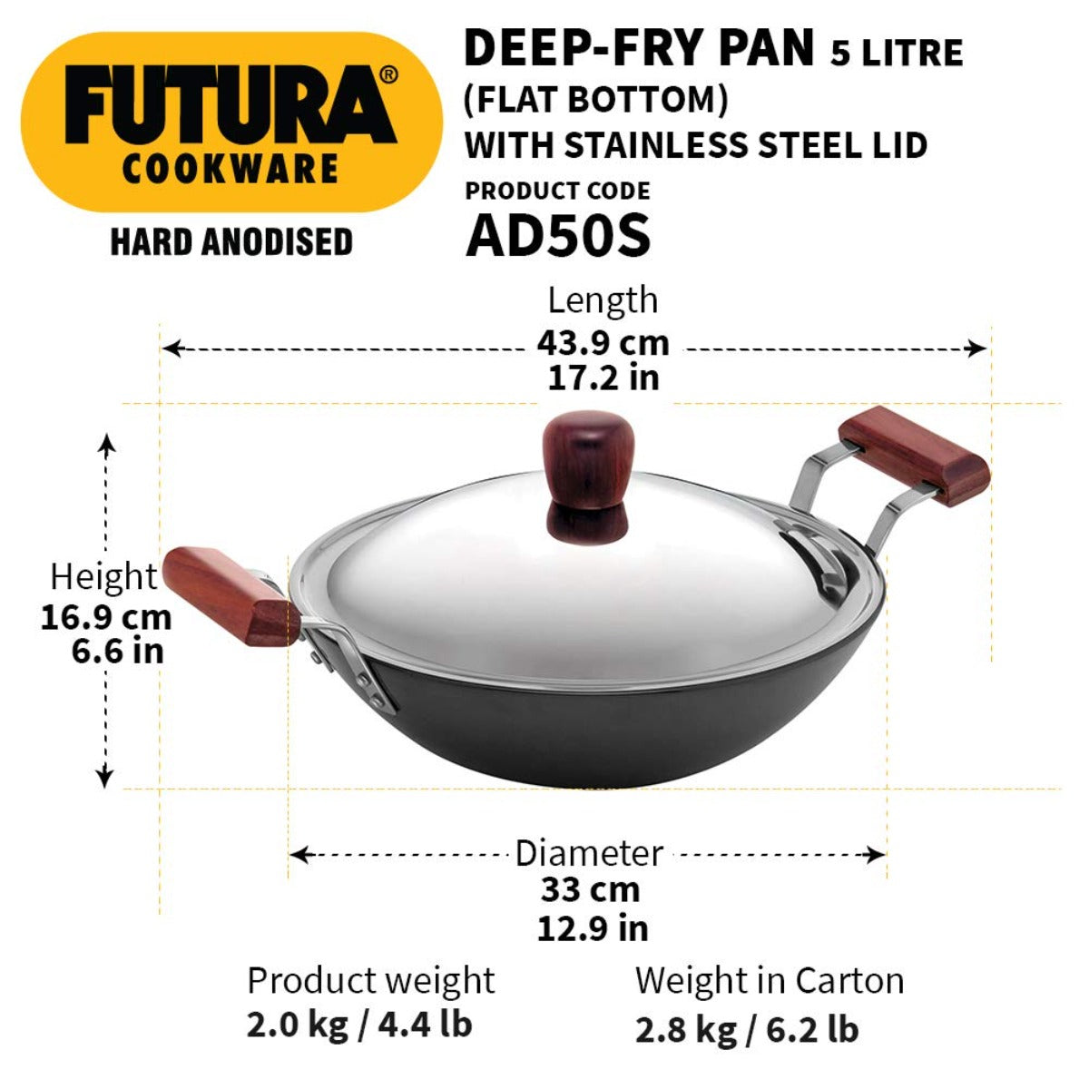 Futura Hard Anodised Deep Fry Pan Wok With Stainless Steel Lid by Hawkins AD50S