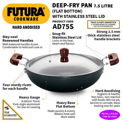 Futura Hard Anodised Deep Fry Pan Wok With Stainless Steel Lid by Hawkins AD75S